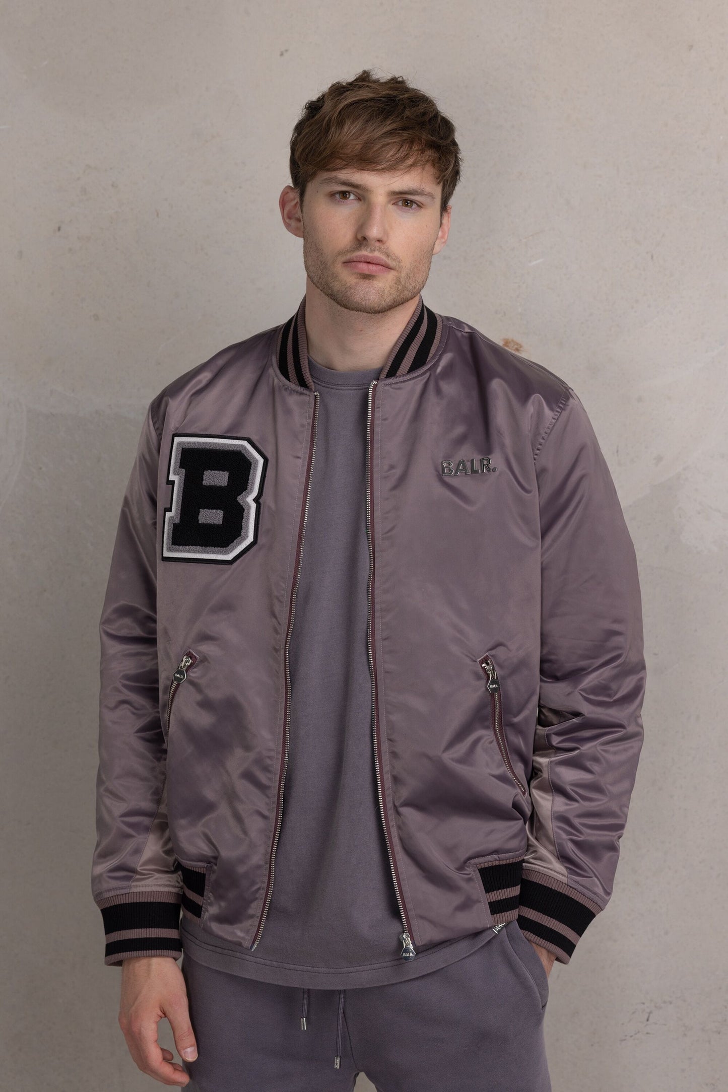 Hazel Loose Zip Trophy Bomber Jacket Purple Dove