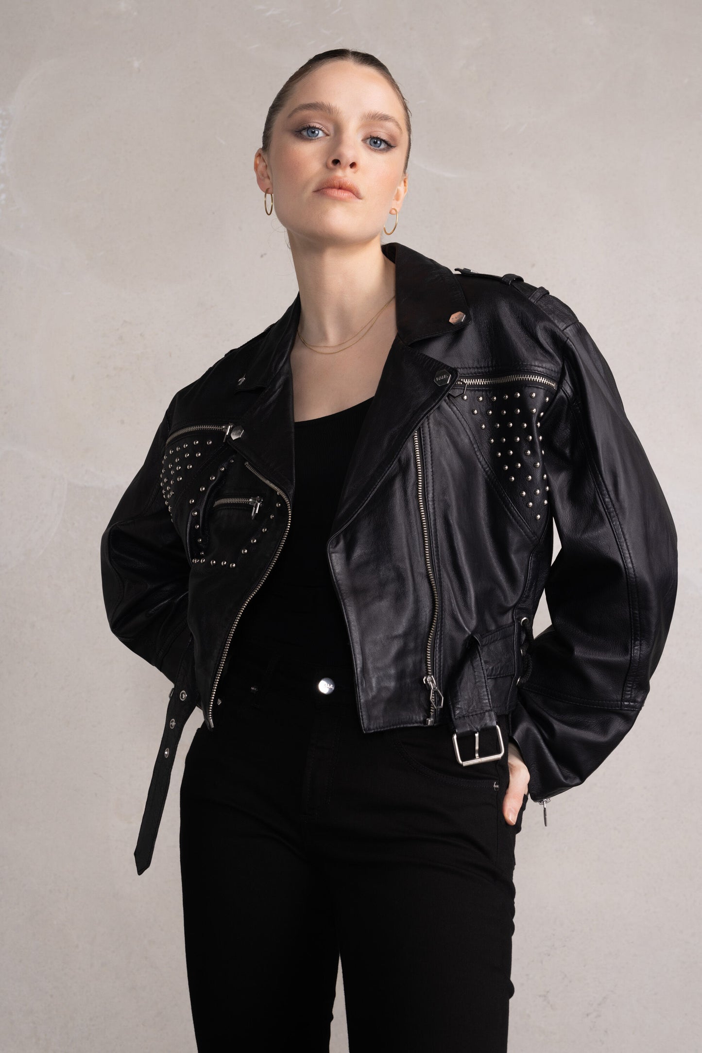 Leather Oversized Cropped Studs Jacket Jet Black