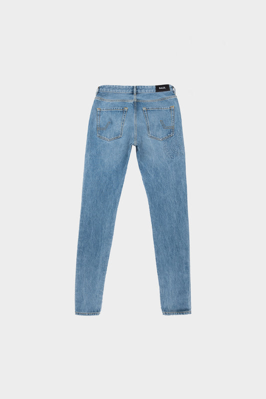 Embosed Straight Denim Slim Jeans Mid Aged
