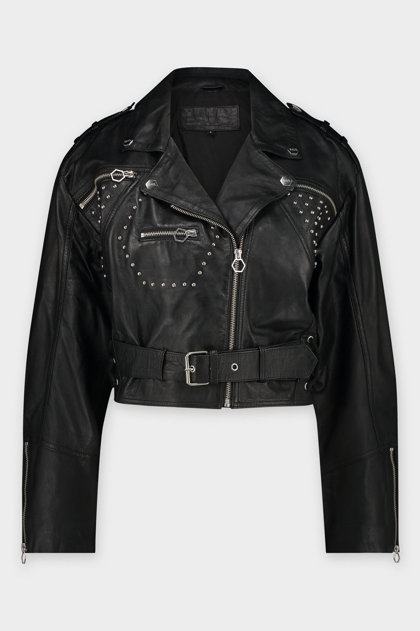 Leather Oversized Cropped Studs Jacket Jet Black