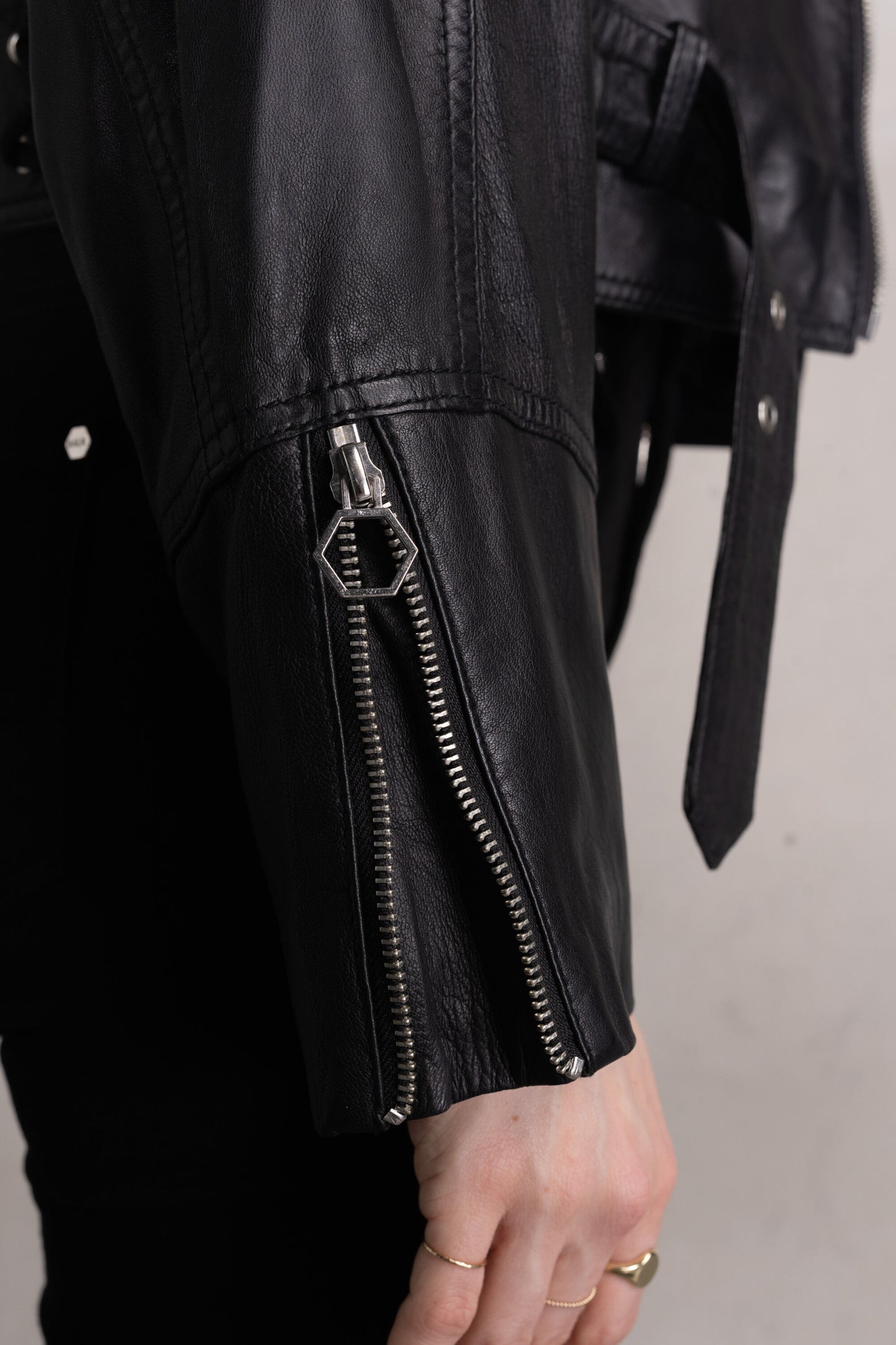 Leather Oversized Cropped Studs Jacket Jet Black